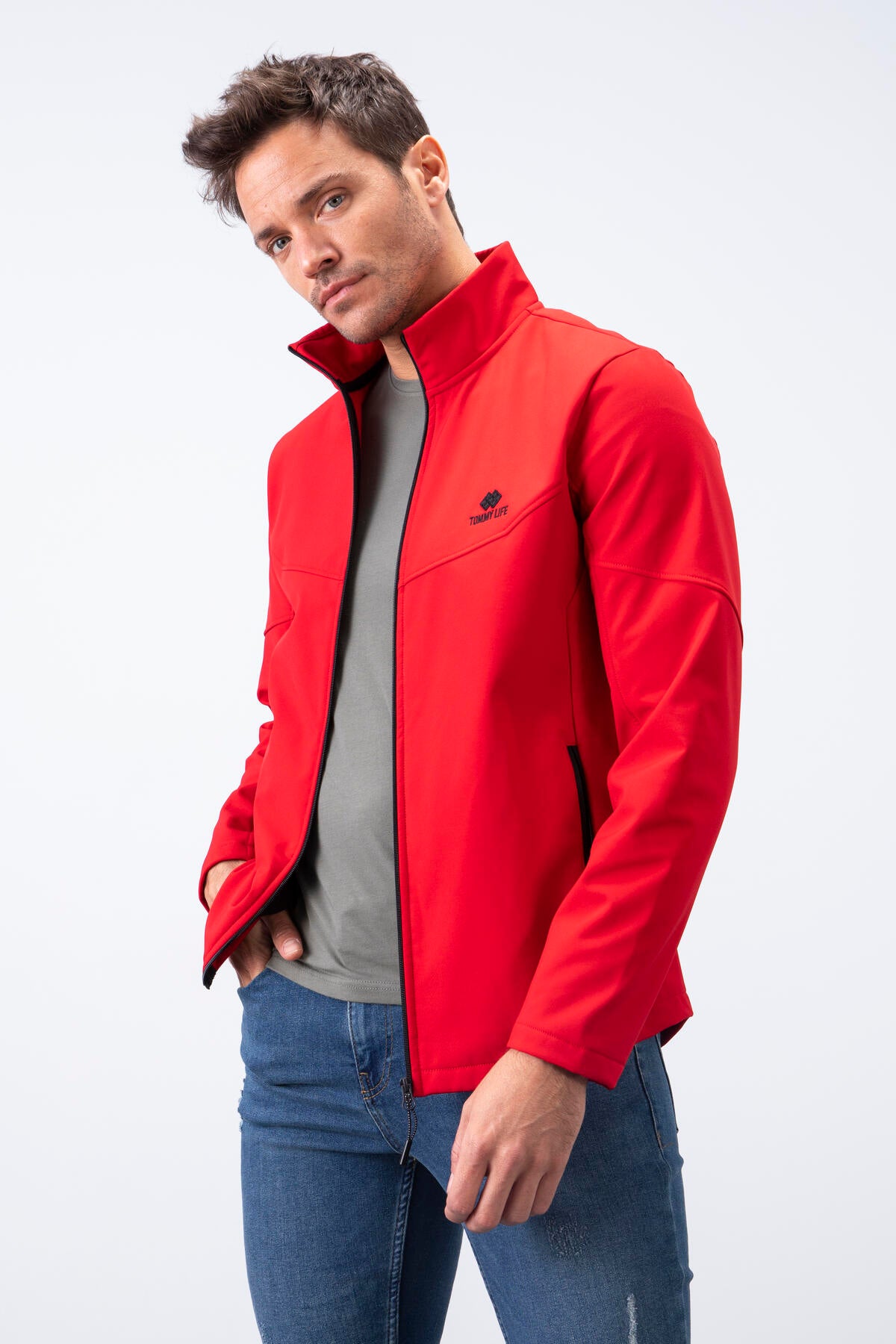 Red Zippered Stand-Up Collar Water and Windproof Softshell Men's Jacket - 88050