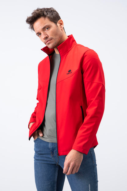 Red Zippered Stand-Up Collar Water and Windproof Softshell Men's Jacket - 88050