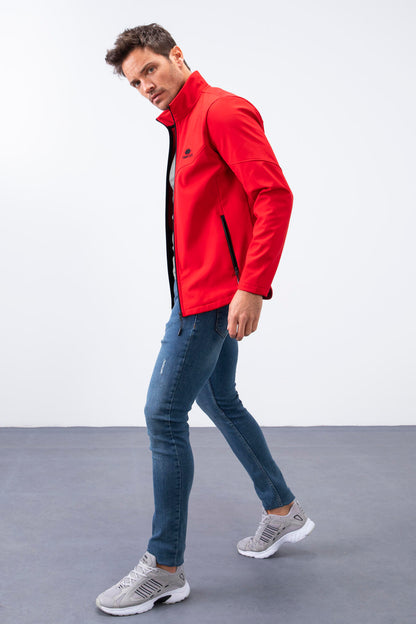 Red Zippered Stand-Up Collar Water and Windproof Softshell Men's Jacket - 88050