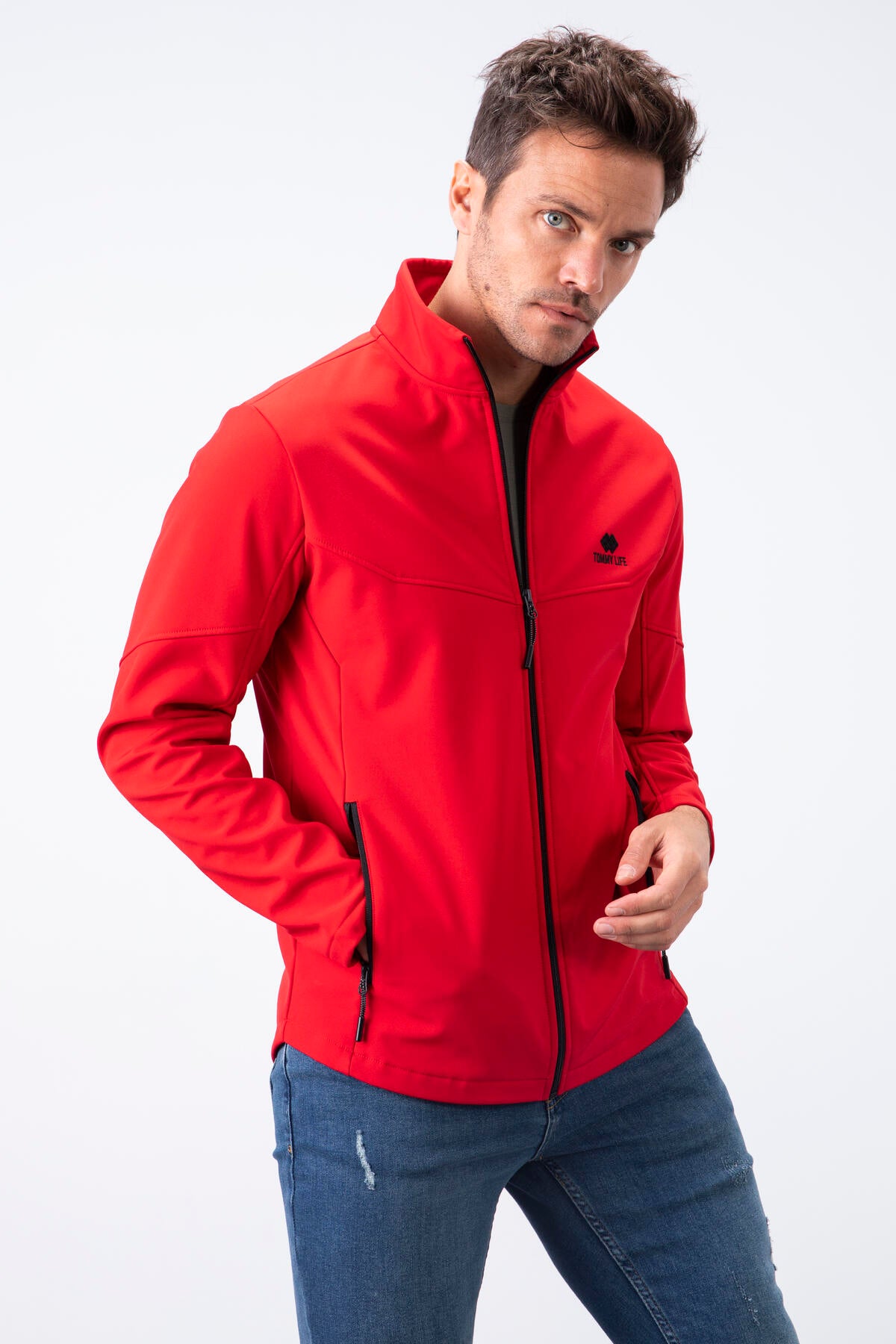 Red Zippered Stand-Up Collar Water and Windproof Softshell Men's Jacket - 88050