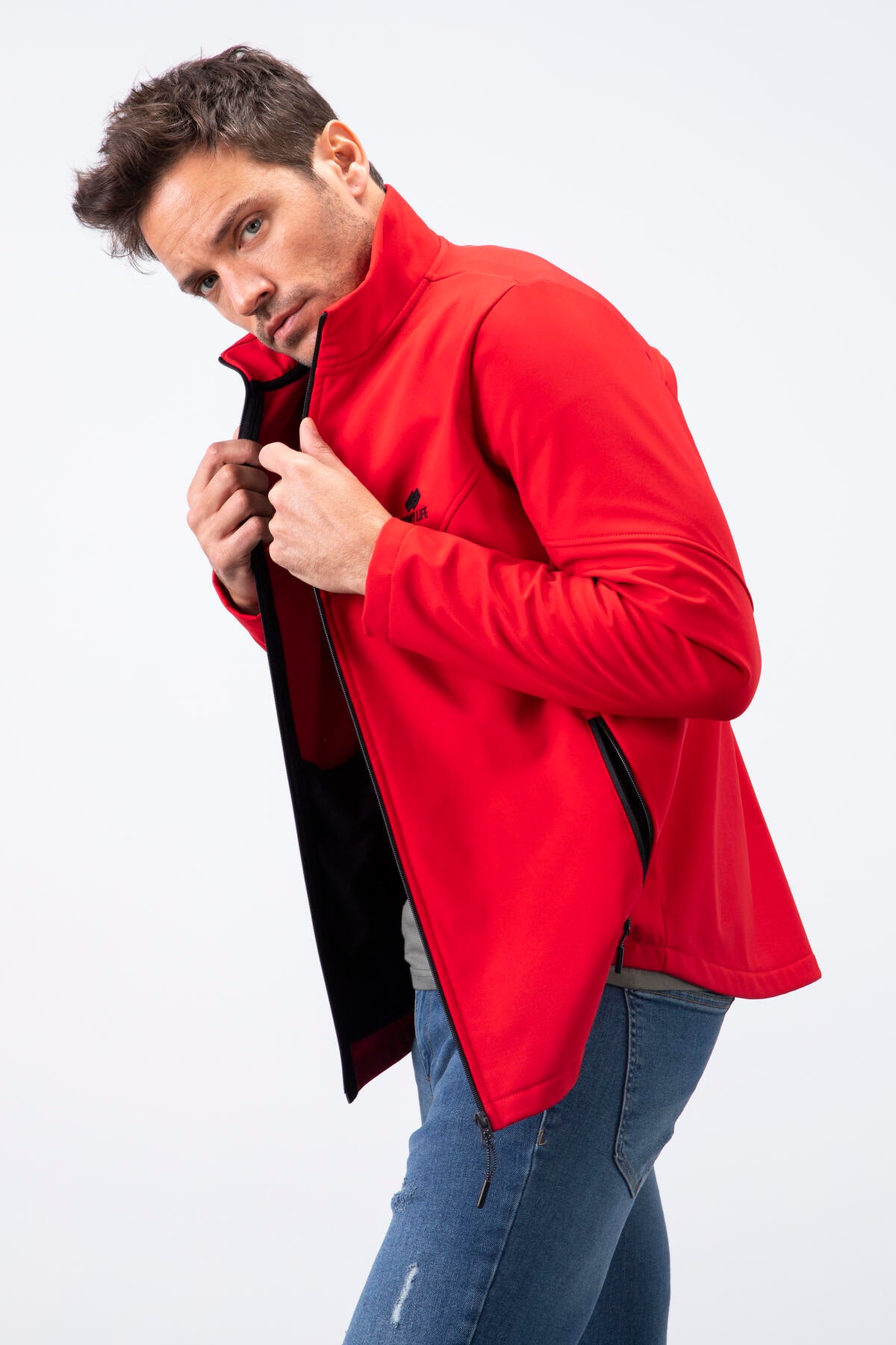 Red Zippered Stand-Up Collar Water and Windproof Softshell Men's Jacket - 88050