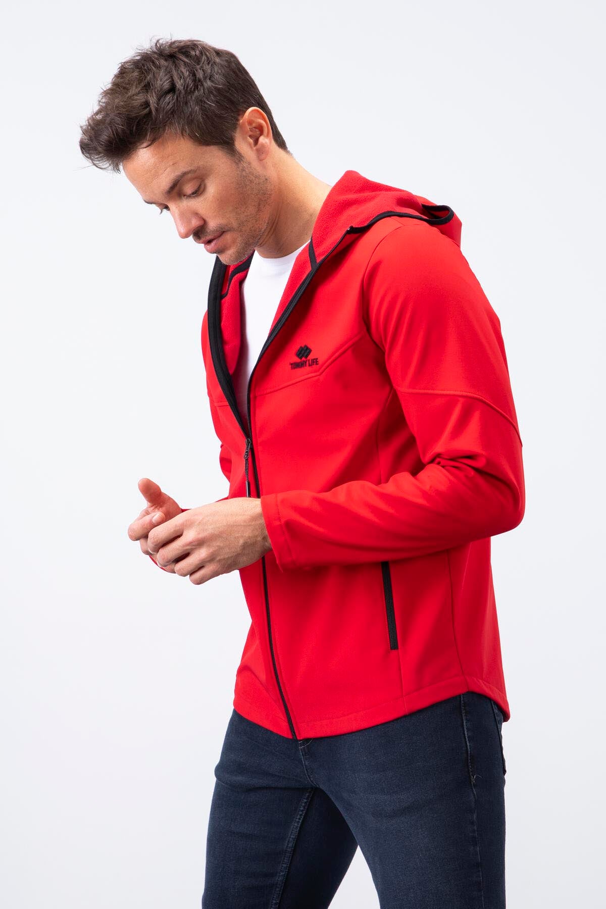 Red Zippered Hooded Water and Windproof Softshell Men's Jacket - 88051