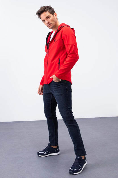 Red Zippered Hooded Water and Windproof Softshell Men's Jacket - 88051