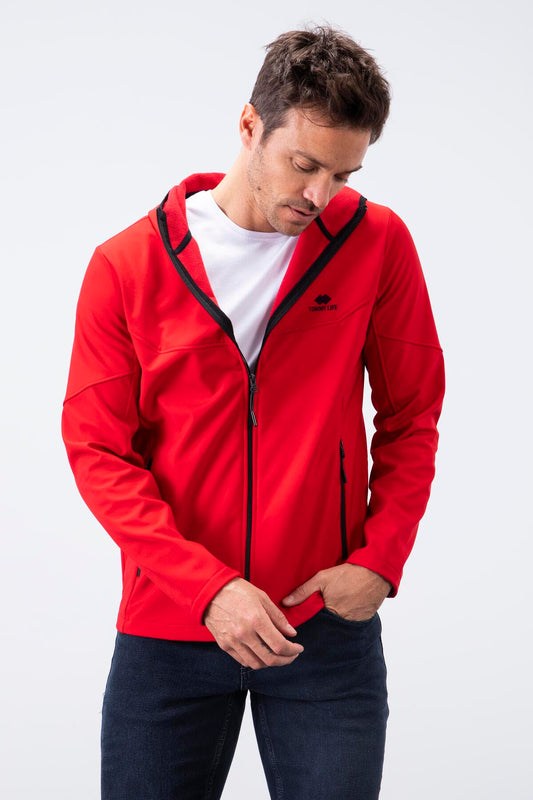 Red Zippered Hooded Water and Windproof Softshell Men's Jacket - 88051