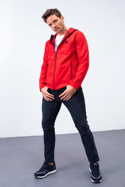Red Zippered Hooded Water and Windproof Softshell Men's Jacket - 88051