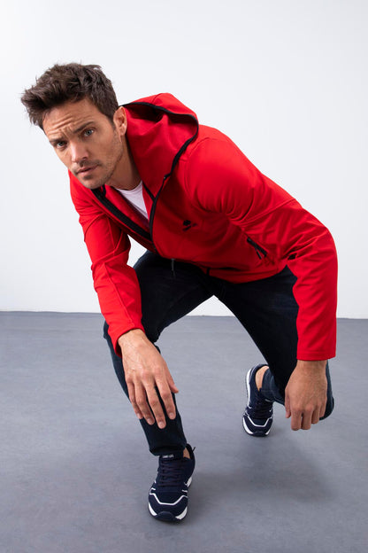 Red Zippered Hooded Water and Windproof Softshell Men's Jacket - 88051