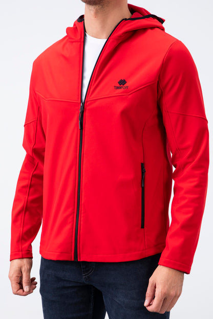 Red Zippered Hooded Water and Windproof Softshell Men's Jacket - 88051