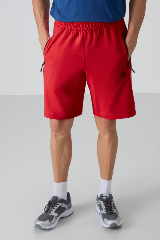 Red Hidden Zipper Back Pocket Laced Standard Fit Men's Shorts - 81136