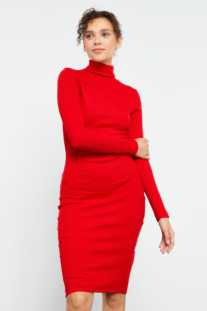 Red Knitted Fitted Sailor Collar Women's Dress - 97117