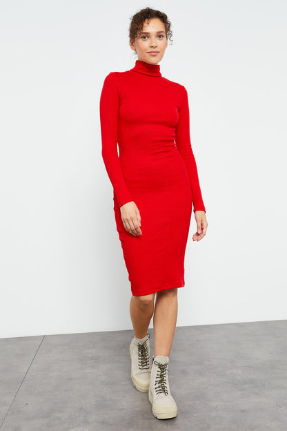 Red Knitted Fitted Sailor Collar Women's Dress - 97117