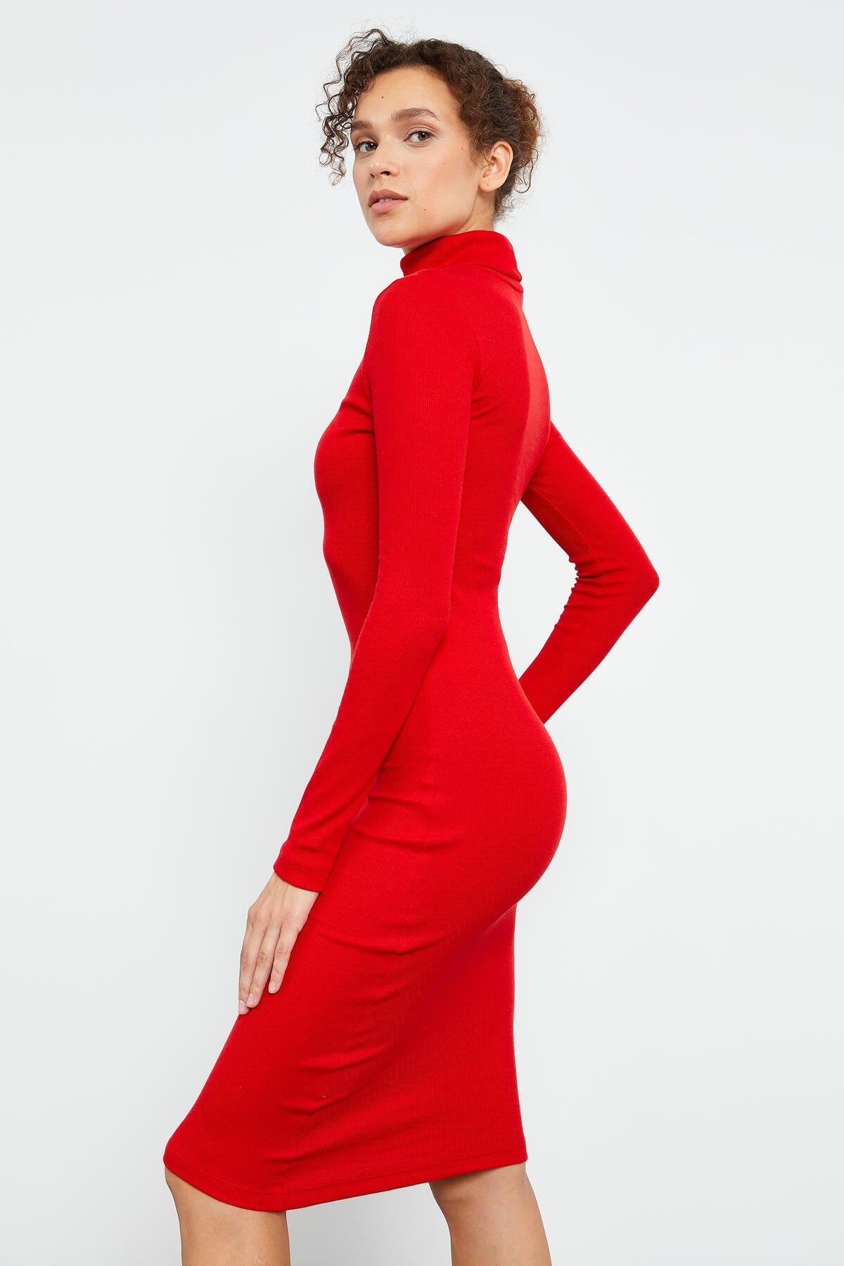 Red Knitted Fitted Sailor Collar Women's Dress - 97117