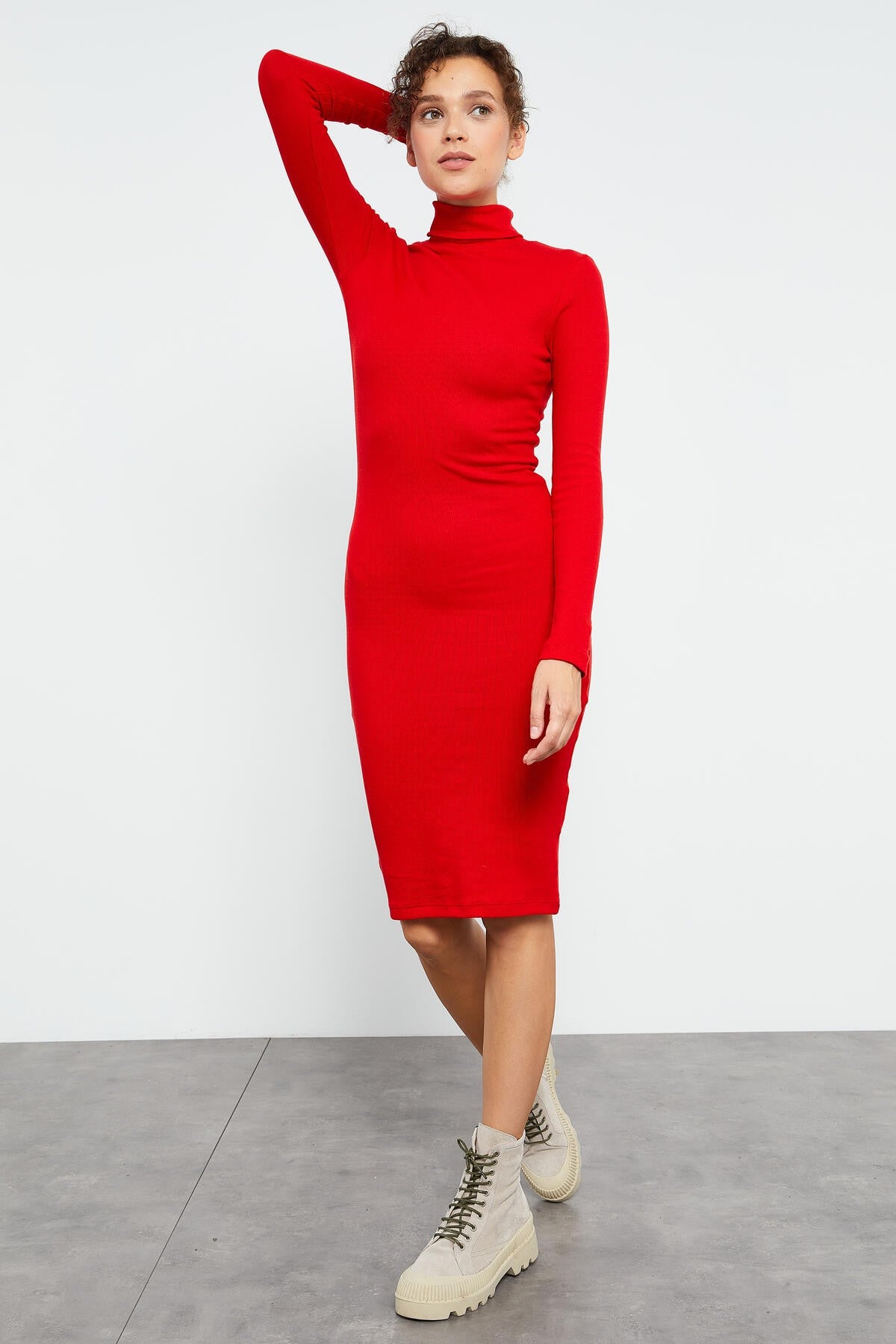 Red Knitted Fitted Sailor Collar Women's Dress - 97117