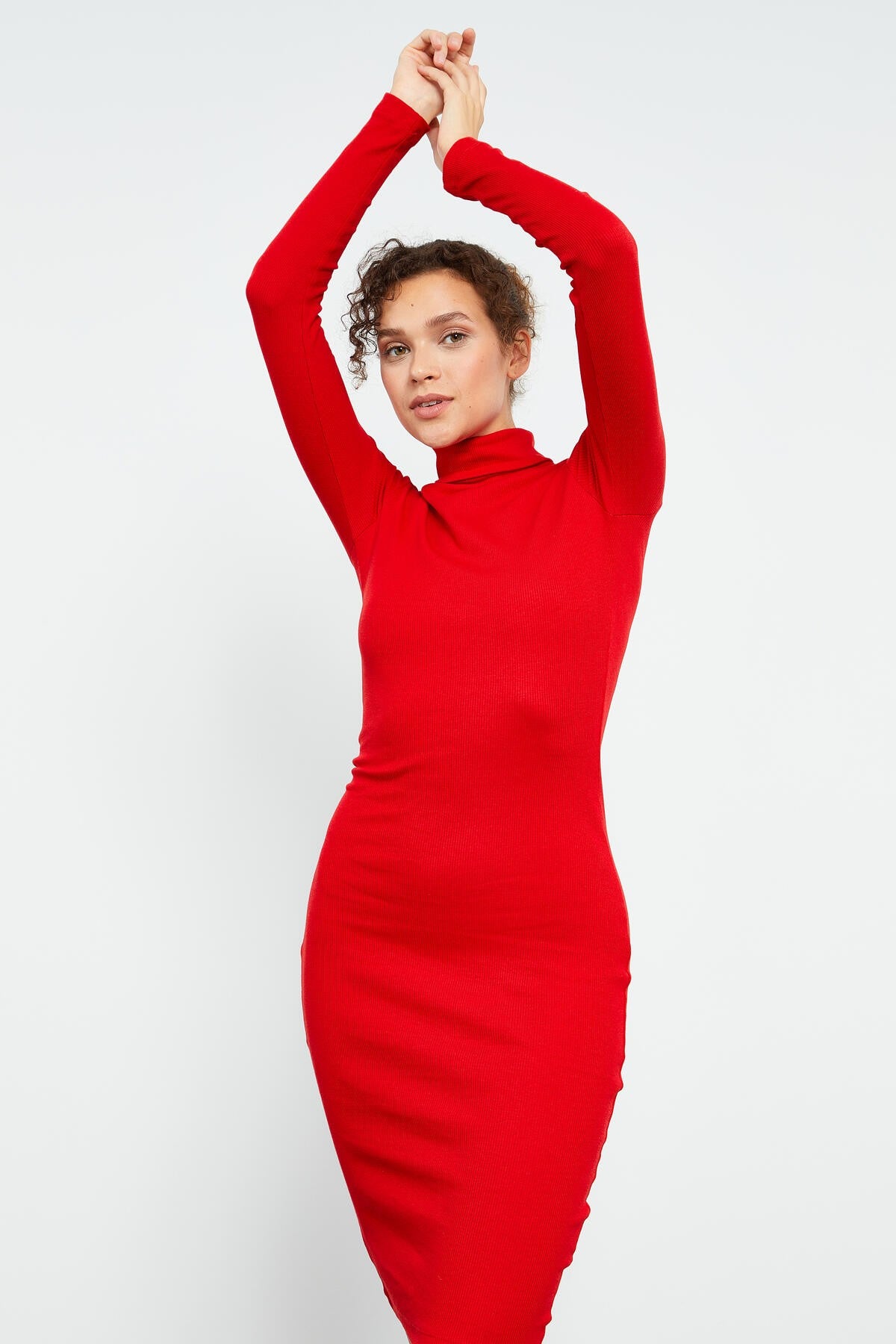 Red Knitted Fitted Sailor Collar Women's Dress - 97117