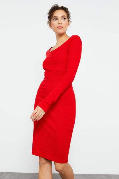 Red Cashmere Knitted Slim Fit Padded Collar Women's Dress - 97116
