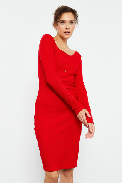 Red Cashmere Knitted Slim Fit Padded Collar Women's Dress - 97116