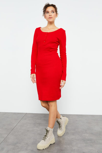 Red Cashmere Knitted Slim Fit Padded Collar Women's Dress - 97116