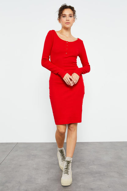 Red Cashmere Knitted Slim Fit Padded Collar Women's Dress - 97116