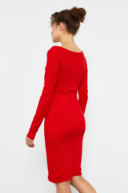 Red Cashmere Knitted Slim Fit Padded Collar Women's Dress - 97116