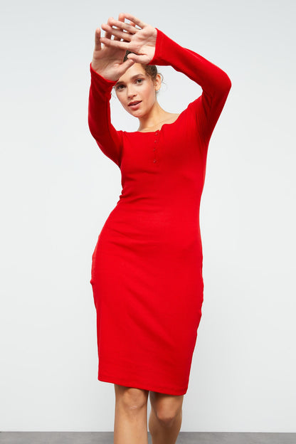 Red Cashmere Knitted Slim Fit Padded Collar Women's Dress - 97116