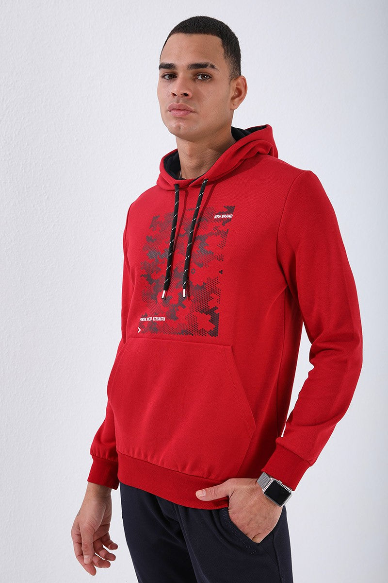 Red Camouflage Pattern Printed Standard Fit Hooded Men's Sweatshirt - 87884