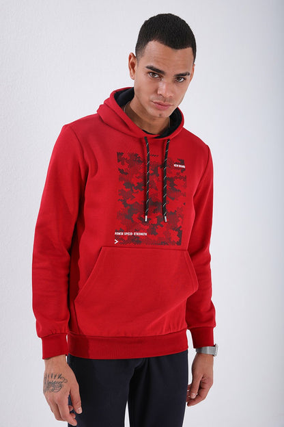 Red Camouflage Pattern Printed Standard Fit Hooded Men's Sweatshirt - 87884