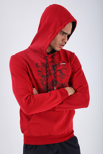 Red Camouflage Pattern Printed Standard Fit Hooded Men's Sweatshirt - 87884