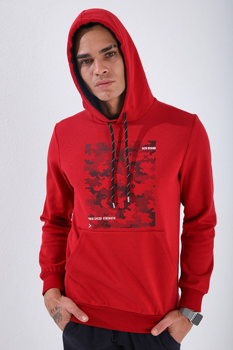 Red Camouflage Pattern Printed Standard Fit Hooded Men's Sweatshirt - 87884