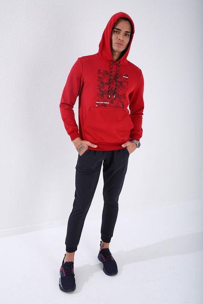 Red Camouflage Pattern Printed Standard Fit Hooded Men's Sweatshirt - 87884