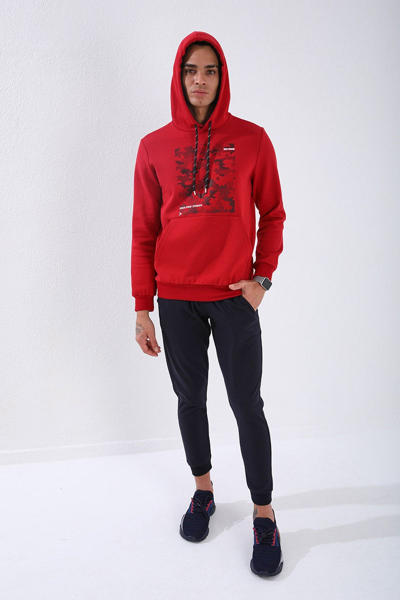 Red Camouflage Pattern Printed Standard Fit Hooded Men's Sweatshirt - 87884