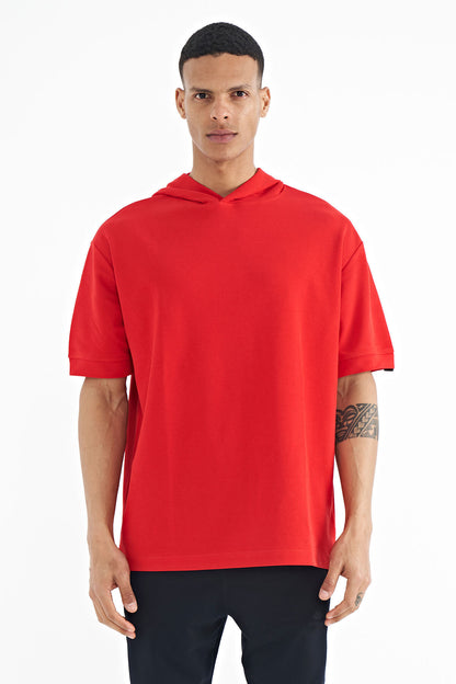 Red Hooded Sleeve Label Detailed Oversize Men's T-shirt - 88179