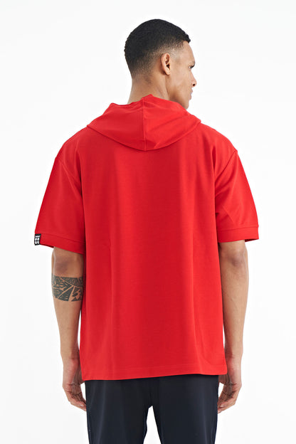 Red Hooded Sleeve Label Detailed Oversize Men's T-shirt - 88179