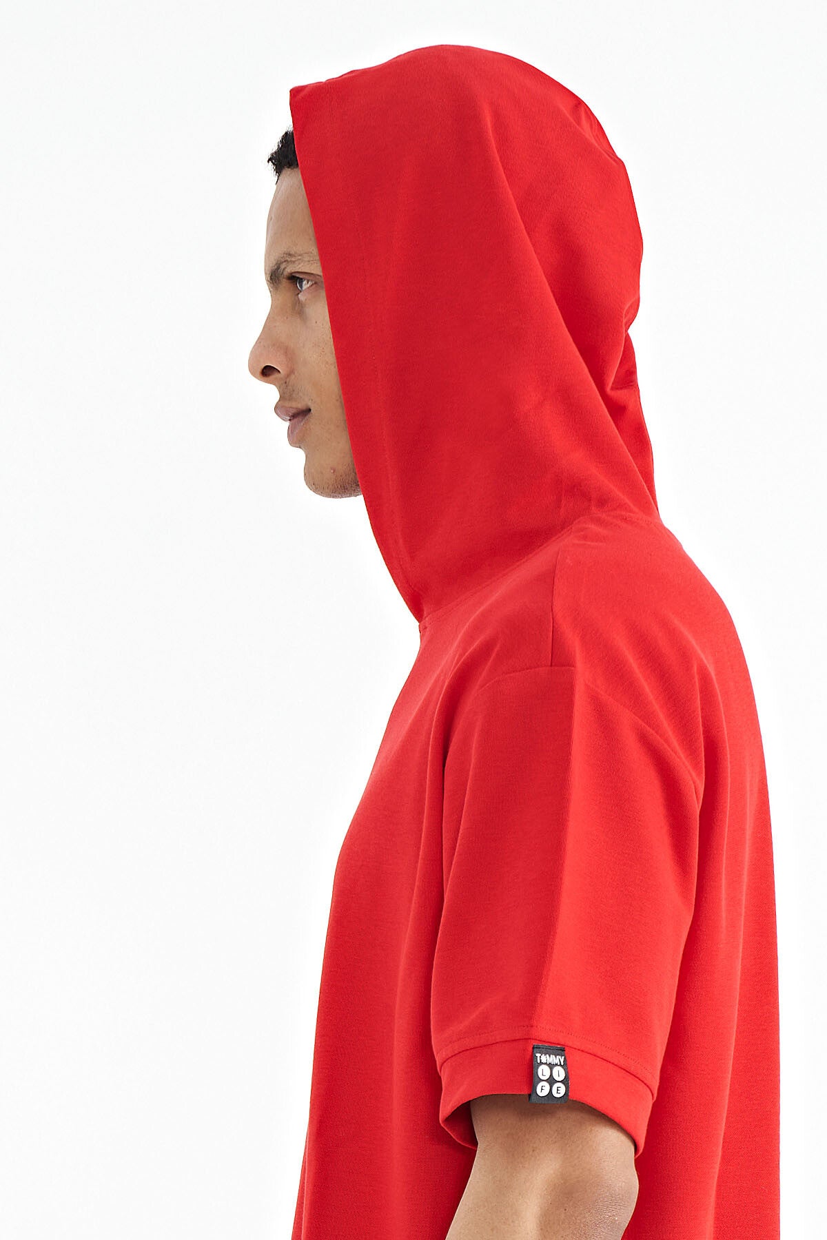 Red Hooded Sleeve Label Detailed Oversize Men's T-shirt - 88179
