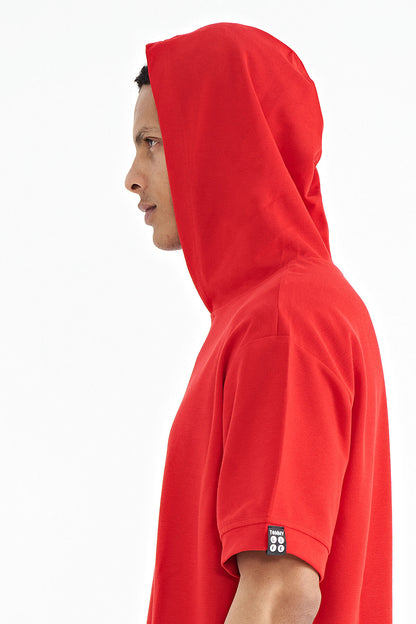 Red Hooded Sleeve Label Detailed Oversize Men's T-shirt - 88179