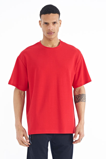 Red Sleeve Embroidered Detailed Basic Oversize Men's T-Shirt - 88193