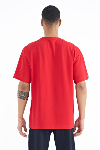 Red Sleeve Embroidered Detailed Basic Oversize Men's T-Shirt - 88193