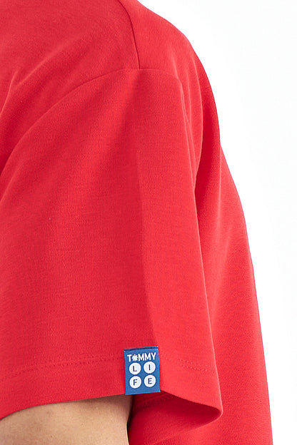 Red Sleeve Embroidered Detailed Basic Oversize Men's T-Shirt - 88193