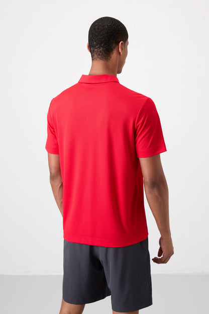 Red Logo Printed Standard Fit Polo Collar Active Sport Men's T-Shirt - 88252