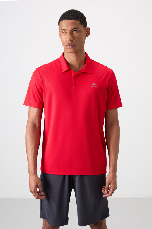 Red Logo Printed Standard Fit Polo Collar Active Sport Men's T-Shirt - 88252