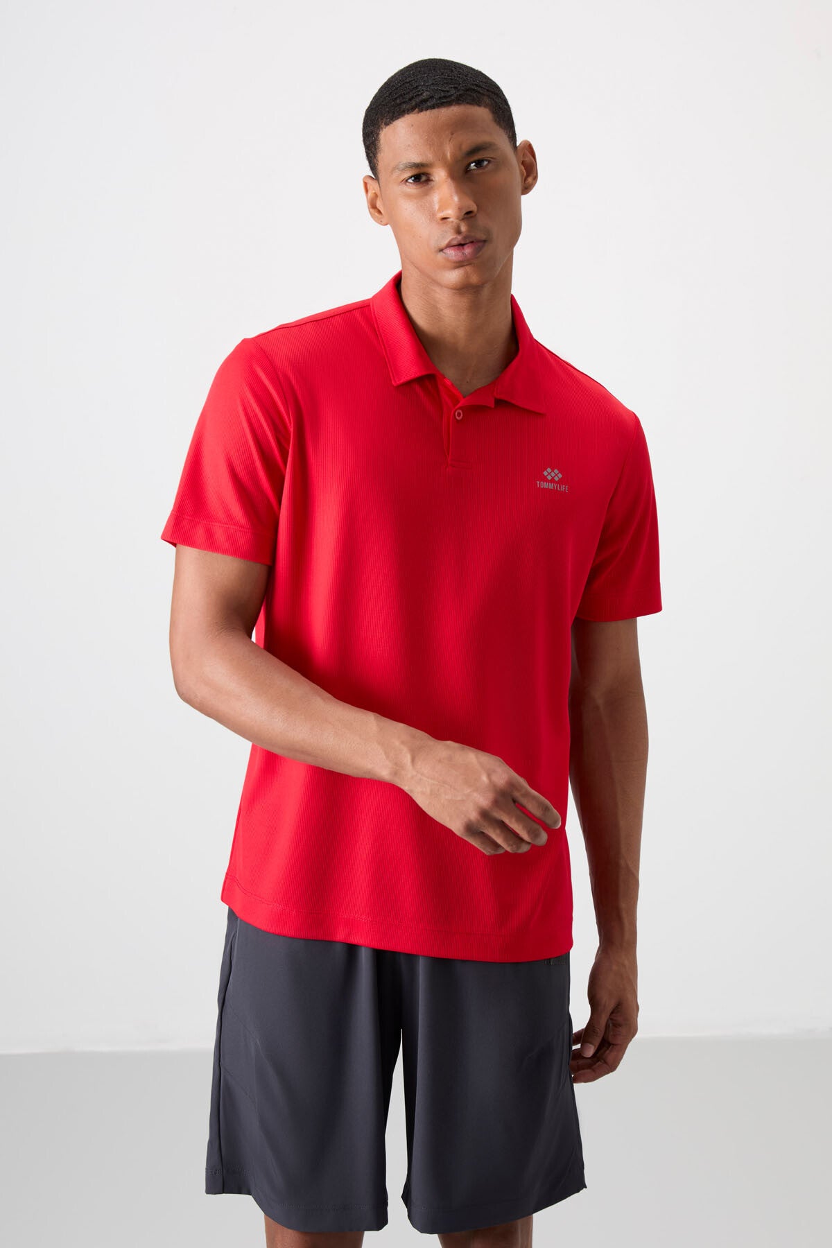 Red Logo Printed Standard Fit Polo Collar Active Sport Men's T-Shirt - 88252