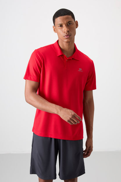 Red Logo Printed Standard Fit Polo Collar Active Sport Men's T-Shirt - 88252
