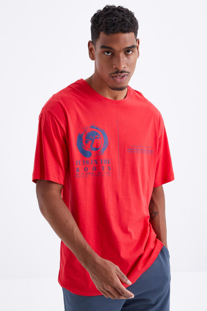 Red Minimal Print O Collar Men's Oversize T-Shirt - 88096