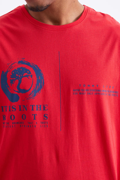 Red Minimal Print O Collar Men's Oversize T-Shirt - 88096
