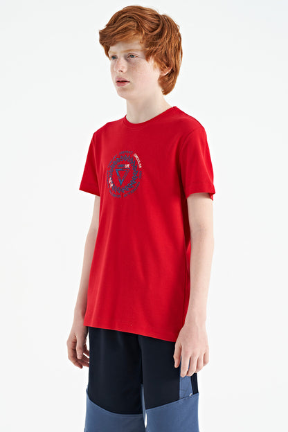 Red Embroidered Detailed O Collar Standard Fit Boys' T-Shirt - 11115