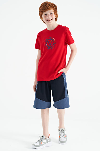 Red Embroidered Detailed O Collar Standard Fit Boys' T-Shirt - 11115