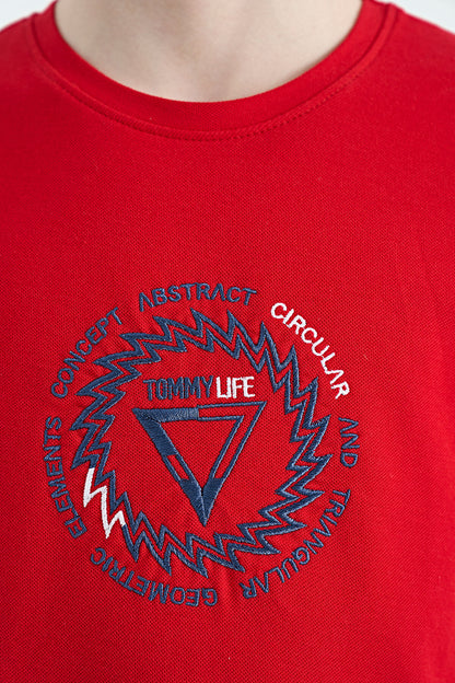 Red Embroidered Detailed O Collar Standard Fit Boys' T-Shirt - 11115