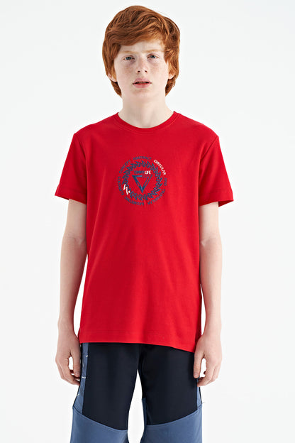 Red Embroidered Detailed O Collar Standard Fit Boys' T-Shirt - 11115
