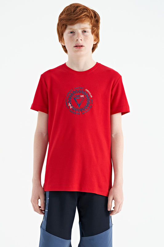 Red Embroidered Detailed O Collar Standard Fit Boys' T-Shirt - 11115
