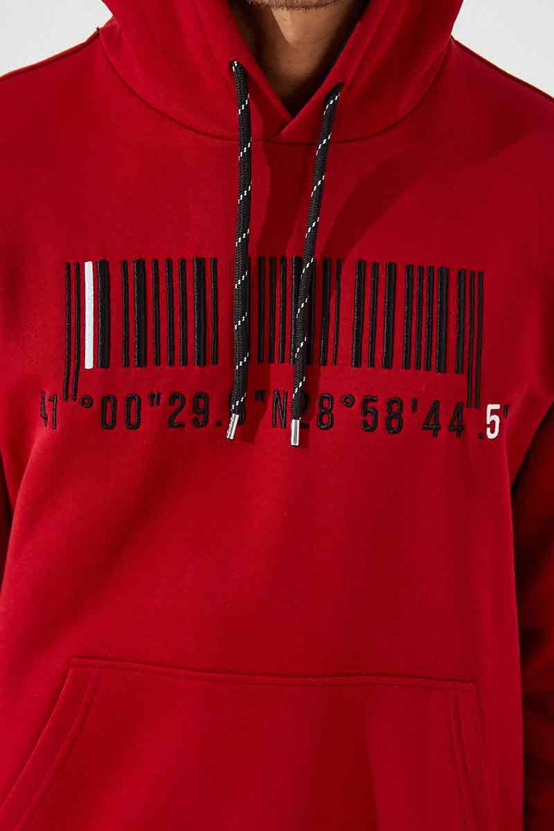 Red Embroidered Kangaroo Pocket Standard Fit Hooded Men's Sweatshirt - 87839