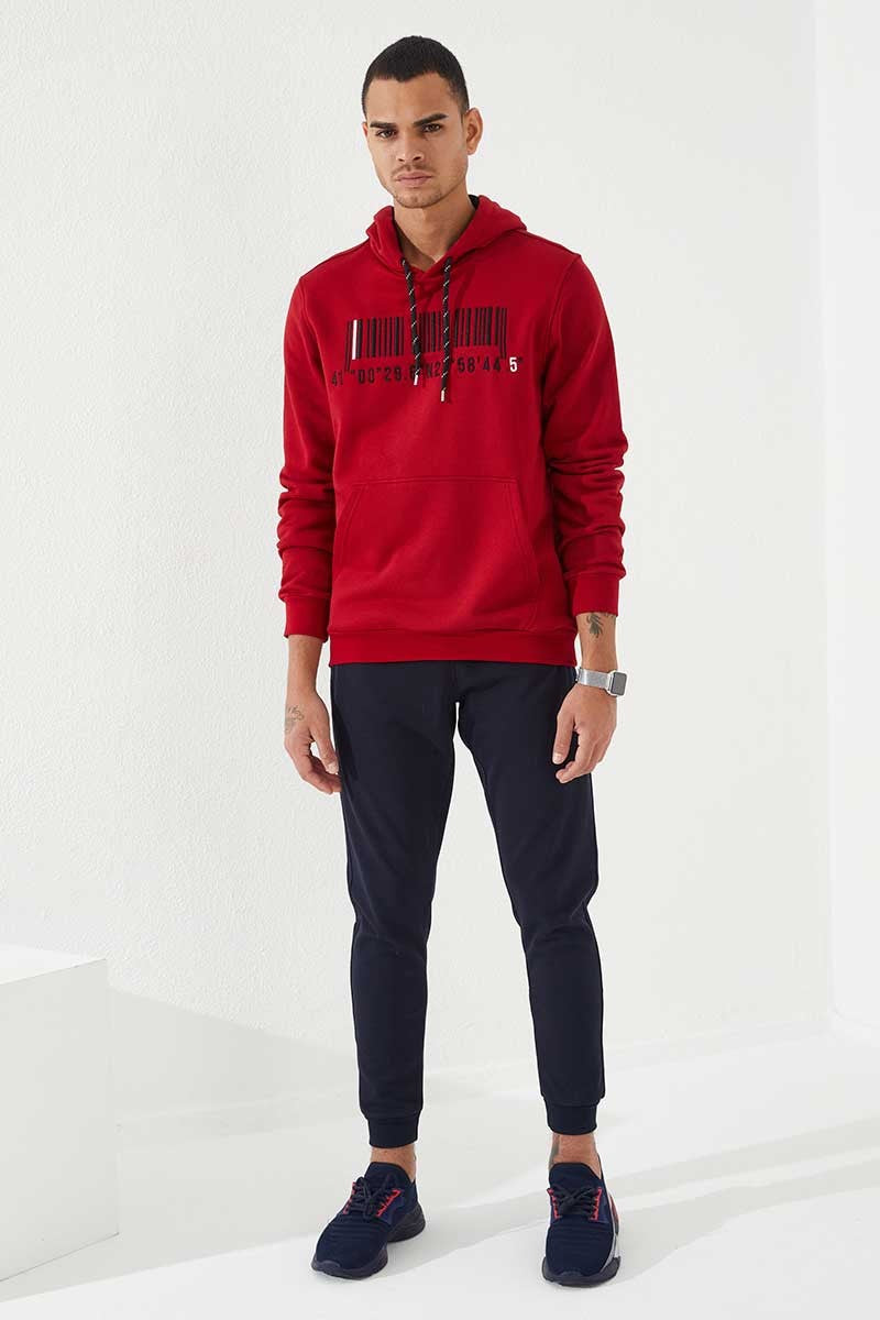 Red Embroidered Kangaroo Pocket Standard Fit Hooded Men's Sweatshirt - 87839