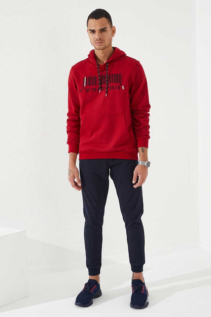 Red Embroidered Kangaroo Pocket Standard Fit Hooded Men's Sweatshirt - 87839